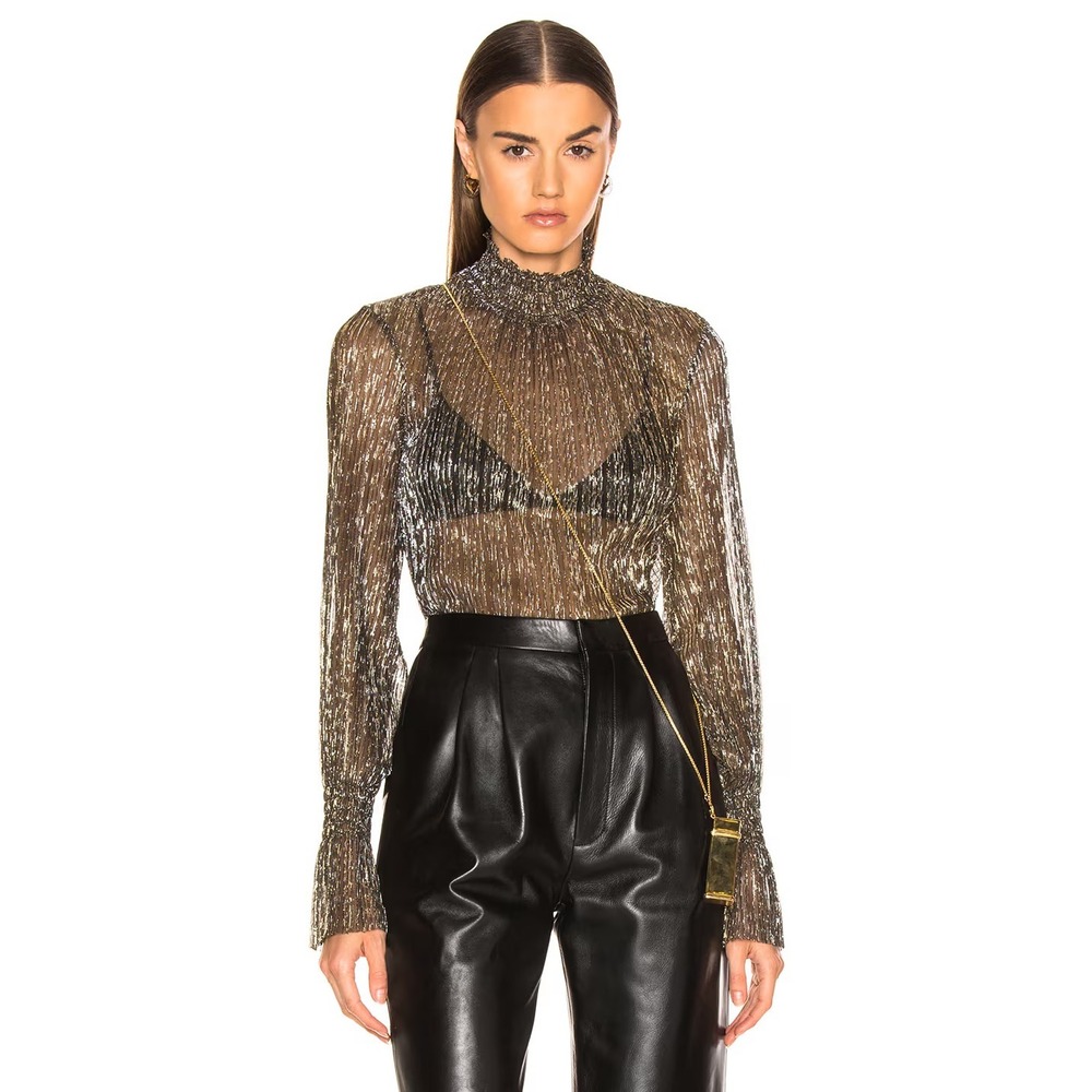 L'AGENCE Paola Blouse XS Gold Black Metallic Sheer Pleated Mock Neck Sexy Chic